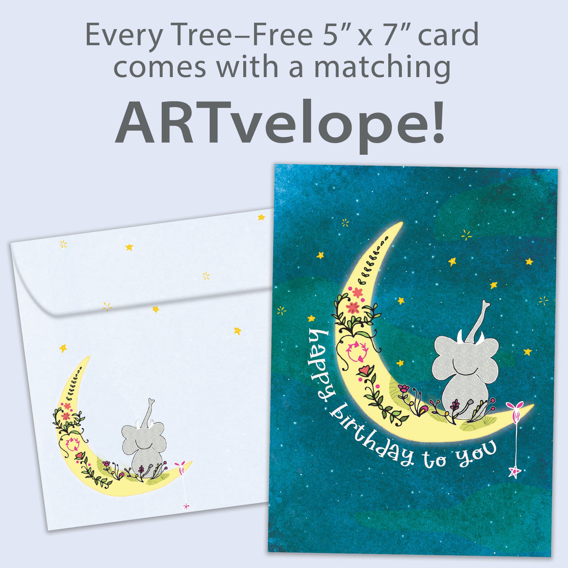 Front view of a Birthday greeting card featuring an elephant sitting on the moon crescent with a happy birthday message, with matching envelope artwork.