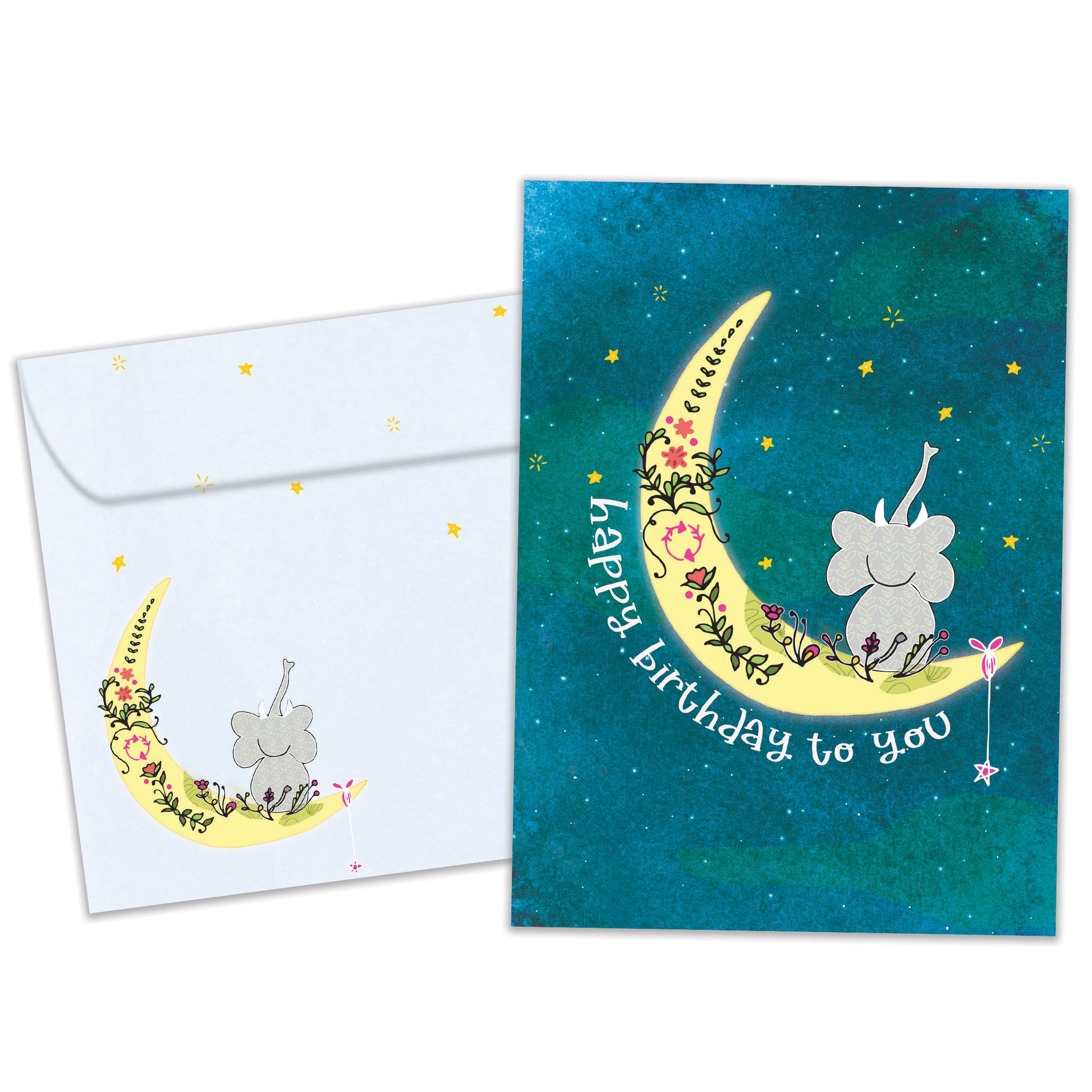 Front view of a Birthday greeting card featuring an elephant sitting on the moon crescent with a happy birthday message, with a matching envelope.