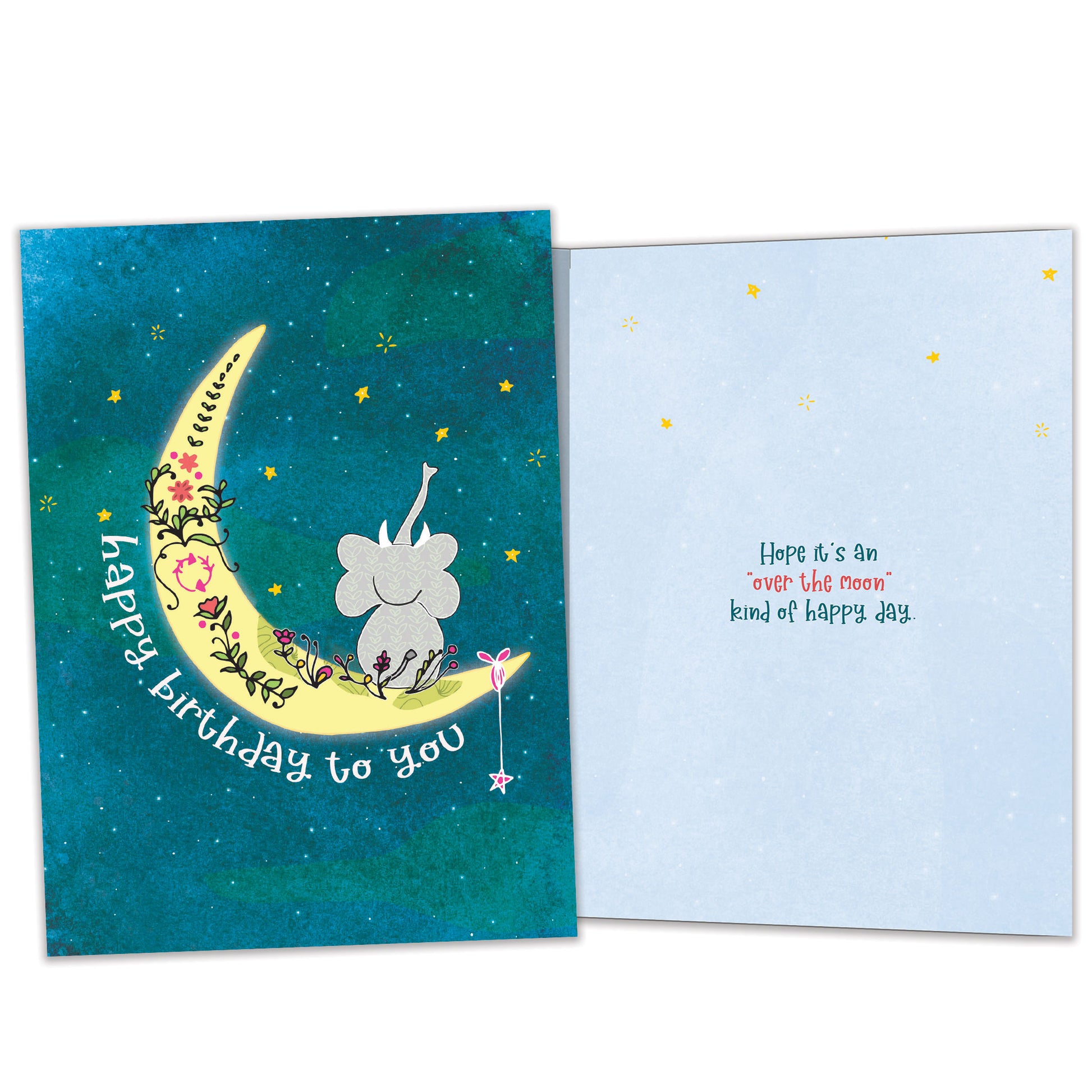 Front and inside view of a Birthday greeting card featuring an elephant sitting on the moon crescent with a happy birthday message, with matching design details inside.