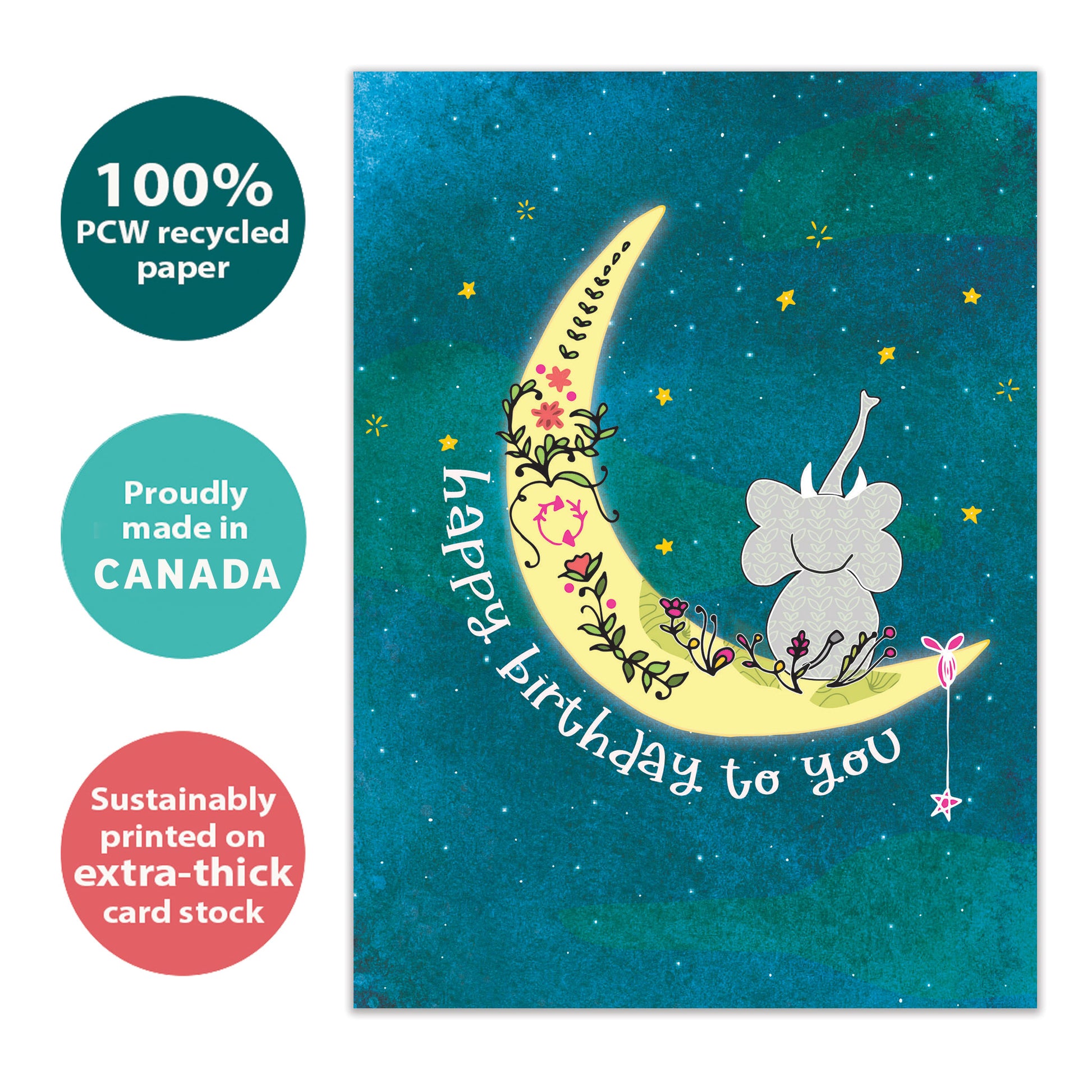 Front view of a Birthday greeting card with an elephant sitting on the moon crescent and a happy birthday message, highlighting its eco-friendly materials and made in Canada.