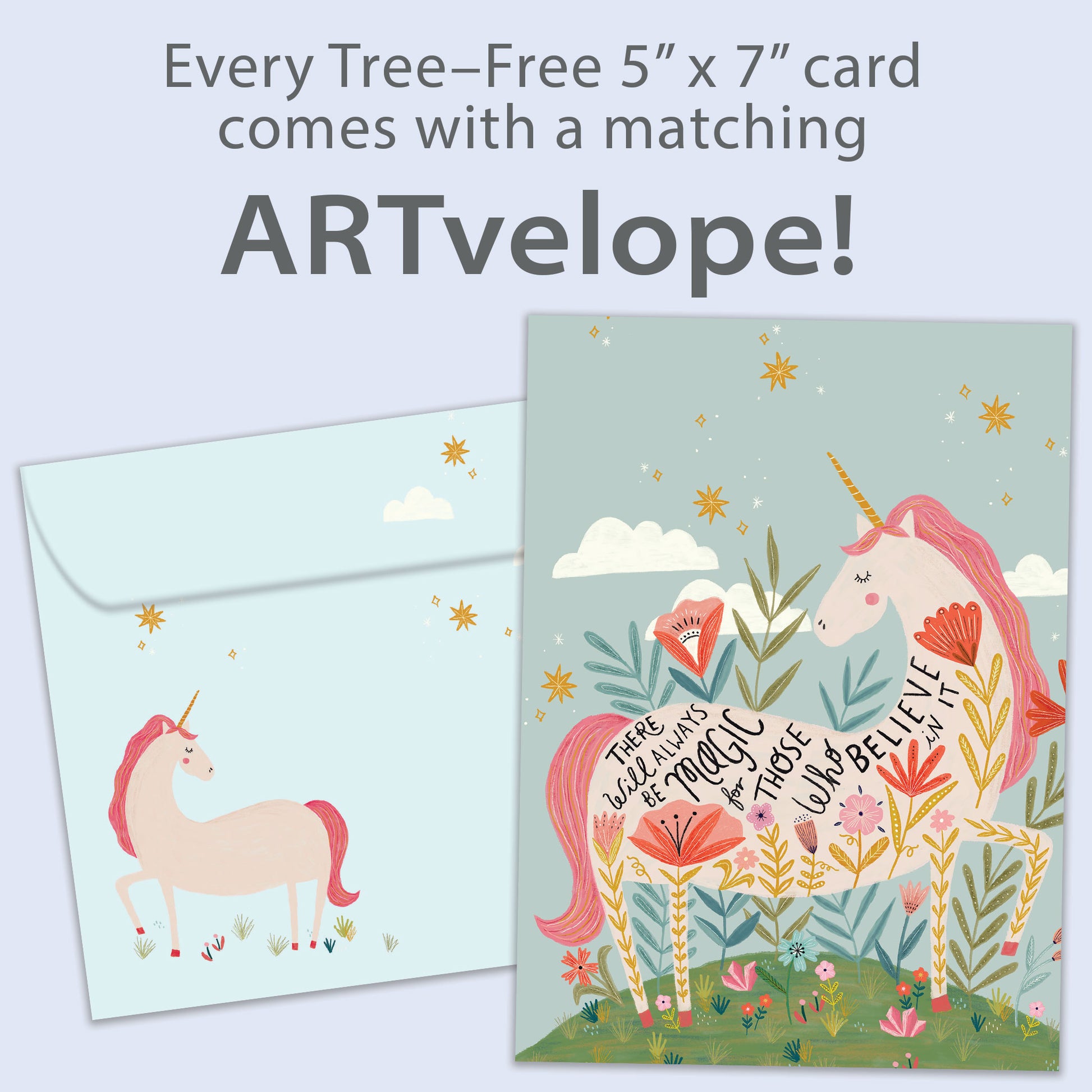 Front view of a Birthday greeting card featuring a pink unicorn with a magical message about believing, with matching envelope artwork.