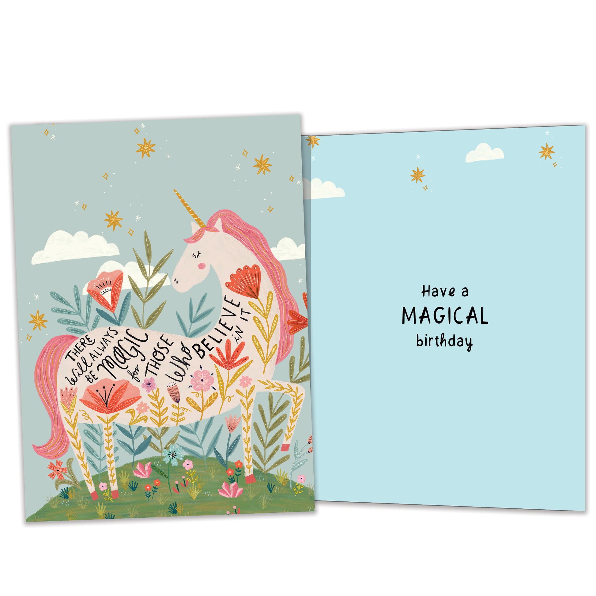 Front and inside view of a Birthday greeting card featuring a pink unicorn with a magical message about believing, with matching design details inside.
