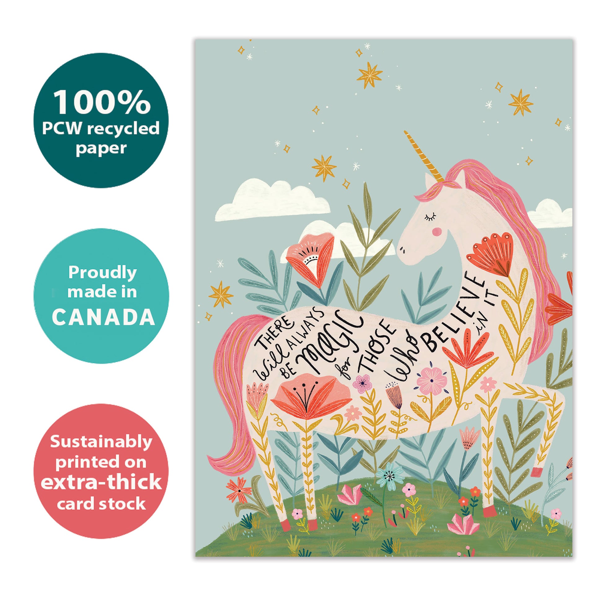 Front view of a Birthday greeting card with a pink unicorn and a magical message about believing, highlighting its eco-friendly materials and made in Canada.
