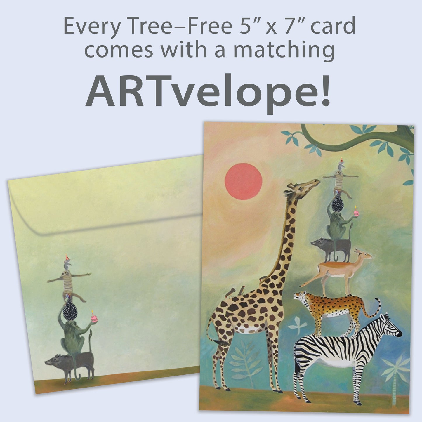 Front view of a Birthday greeting card featuring animals standing on each other next to a giraffe, with matching envelope artwork.