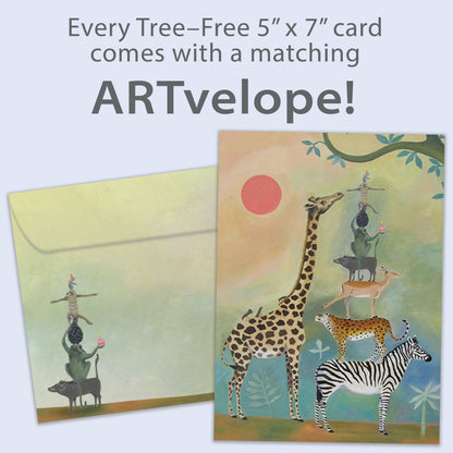 Front view of a Birthday greeting card featuring animals standing on each other next to a giraffe, with matching envelope artwork.