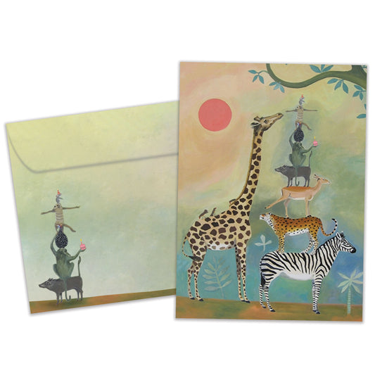 Front view of a Birthday greeting card featuring animals standing on each other next to a giraffe, with a matching envelope.