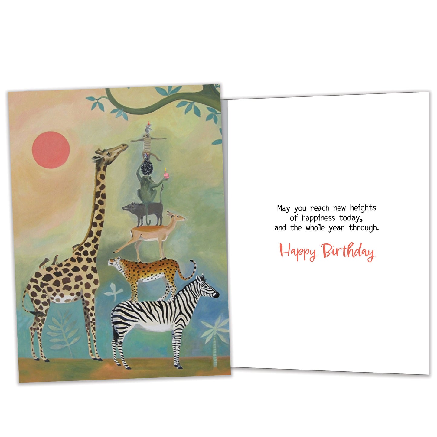 Front and inside view of a Birthday greeting card featuring animals standing on each other next to a giraffe, with matching design details inside.