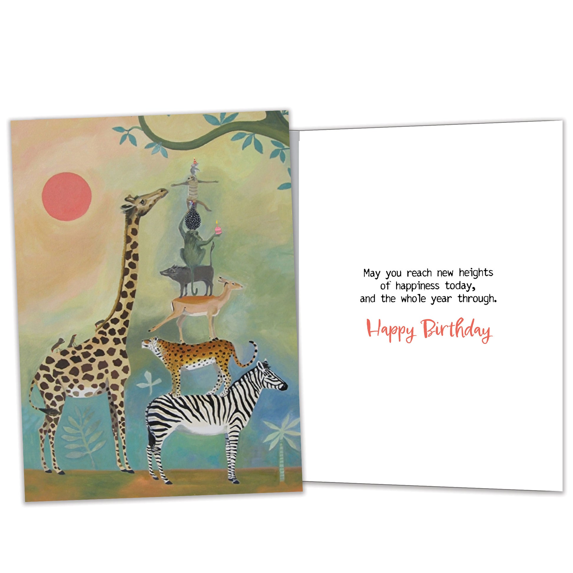 Front and inside view of a Birthday greeting card featuring animals standing on each other next to a giraffe, with matching design details inside.