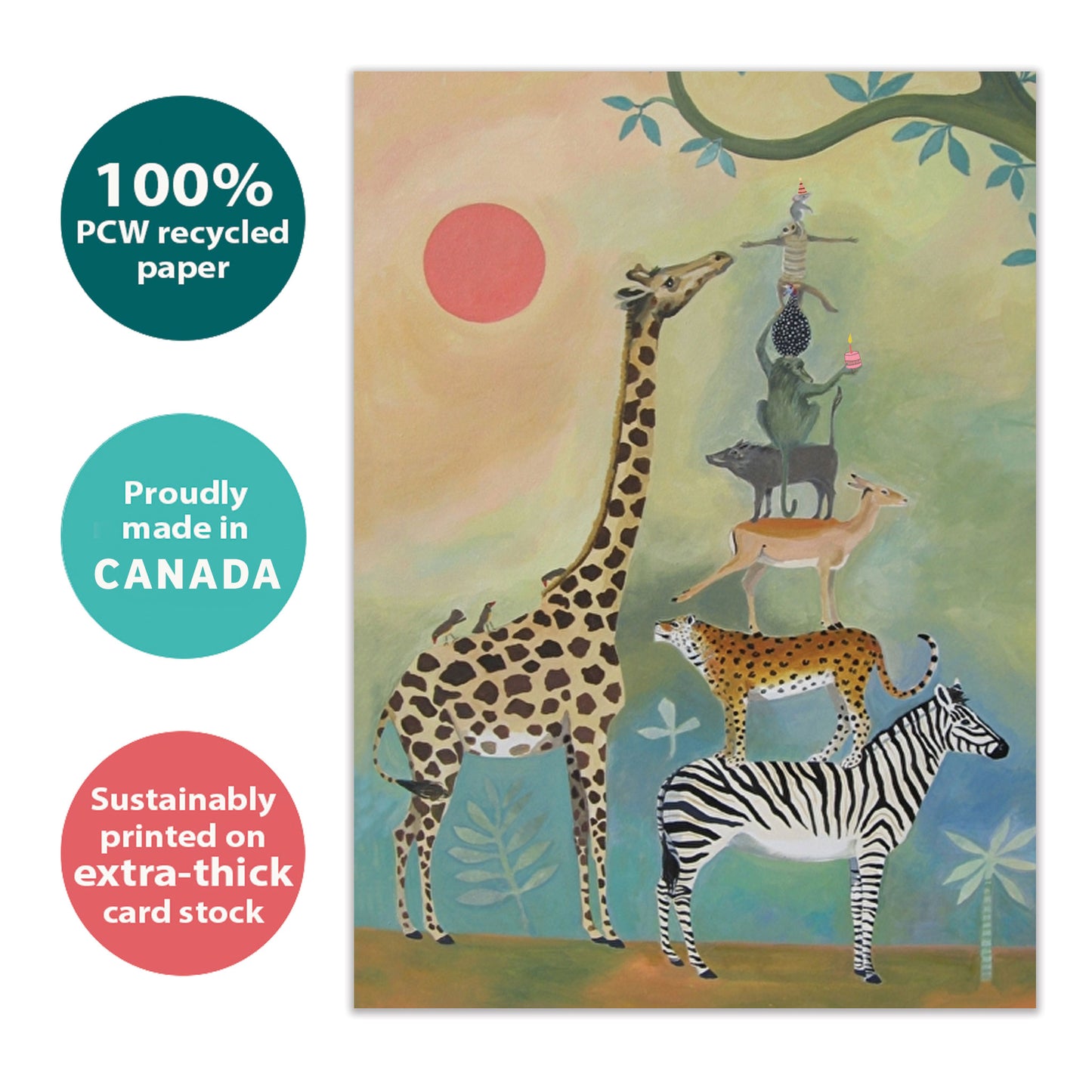 Front view of a Birthday greeting card with animals standing on each other next to a giraffe, highlighting its eco-friendly materials and made in Canada.