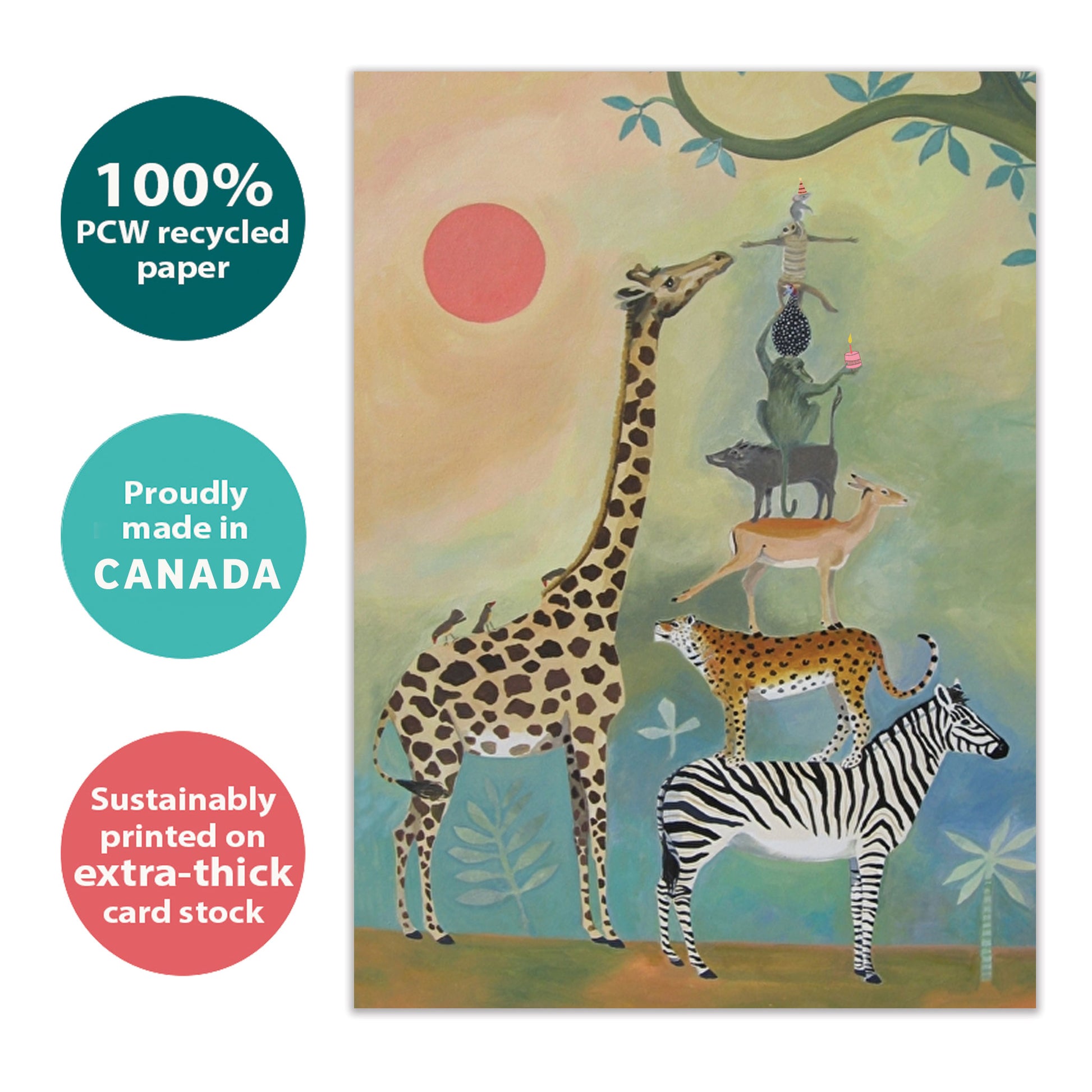 Front view of a Birthday greeting card with animals standing on each other next to a giraffe, highlighting its eco-friendly materials and made in Canada.