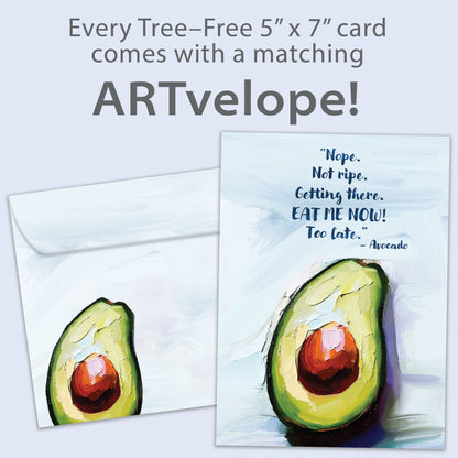 Front view of a Birthday greeting card featuring an avocado with a funny message about being ripe, with matching envelope artwork.
