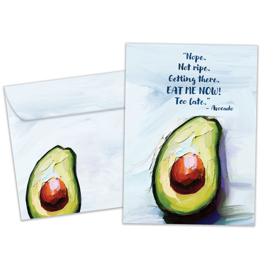 Front view of a Birthday greeting card featuring an avocado with a funny message about being ripe, with a matching envelope.