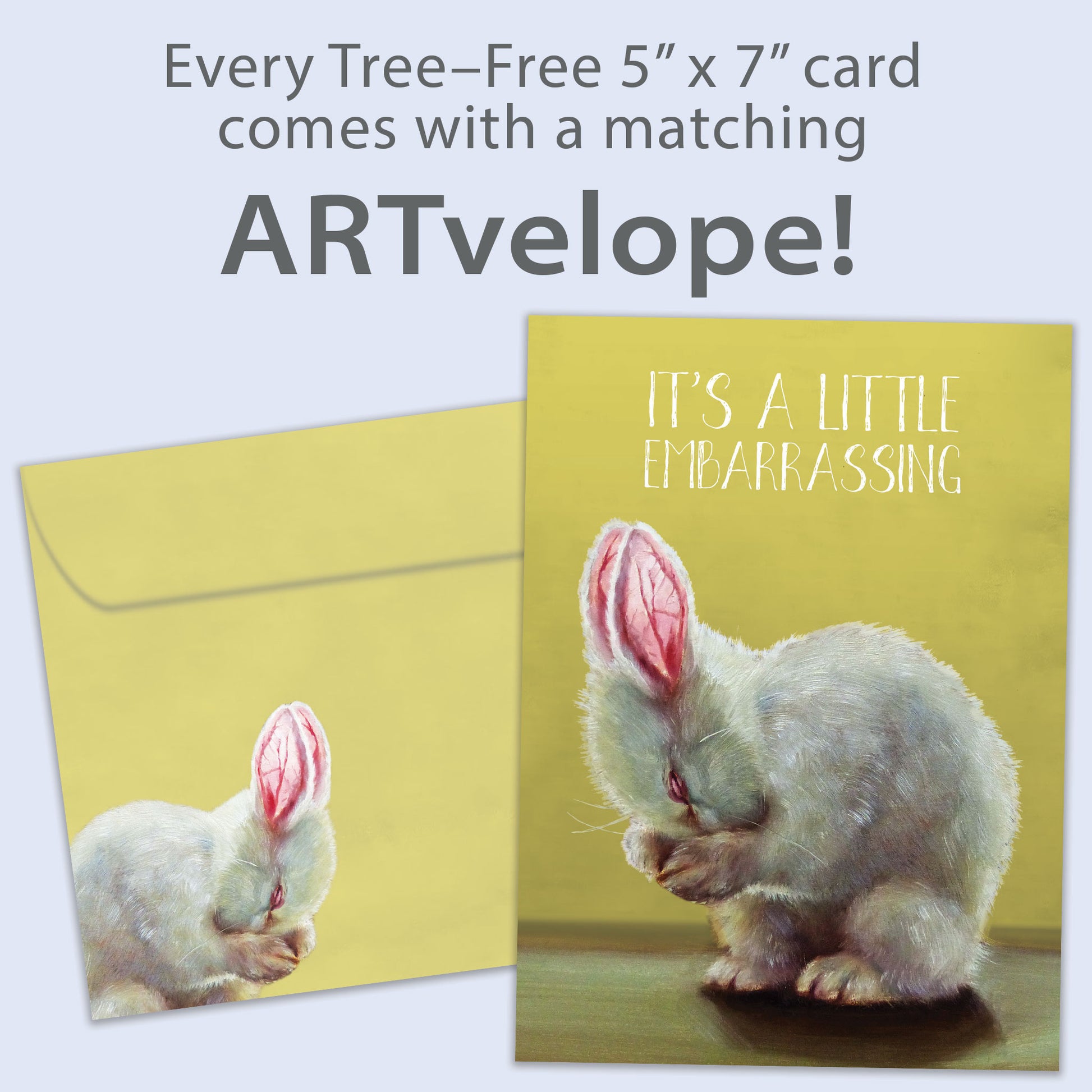 Front view of a Birthday greeting card featuring a bunny covering its face with the message "It's a little embarrassing", with matching envelope artwork.