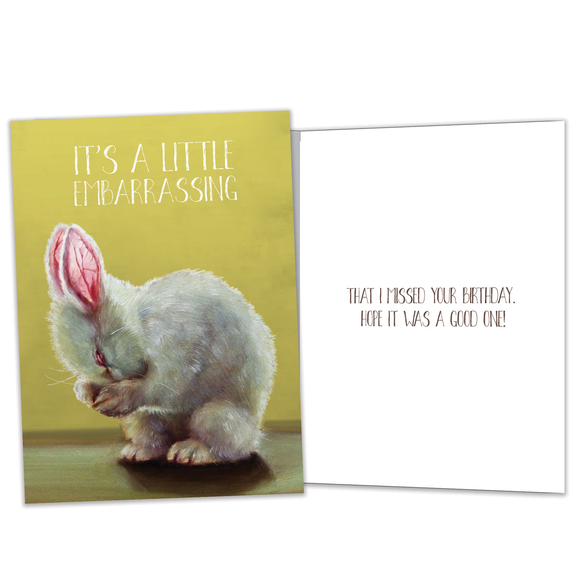 Front and inside view of a Birthday greeting card featuring a bunny covering its face with the message "It's a little embarrassing", with matching design details inside.