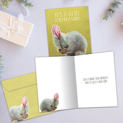 Front and inside view of a Birthday greeting card showcasing a bunny covering its face with the message "It's a little embarrassing", with a matching envelope.