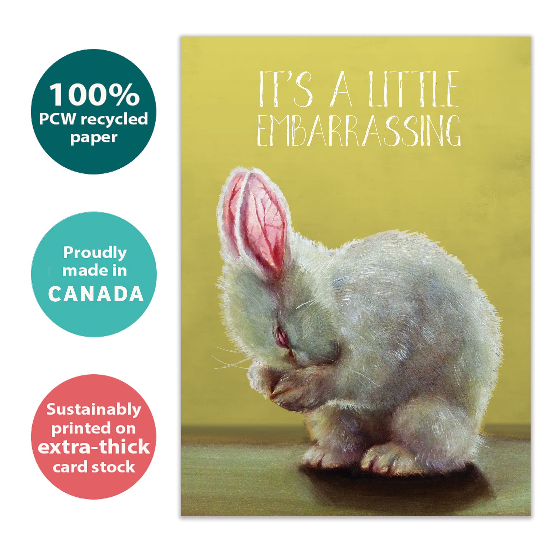 Front view of a Birthday greeting card with a bunny covering its face and the message "It's a little embarrassing", highlighting its eco-friendly materials and made in Canada.