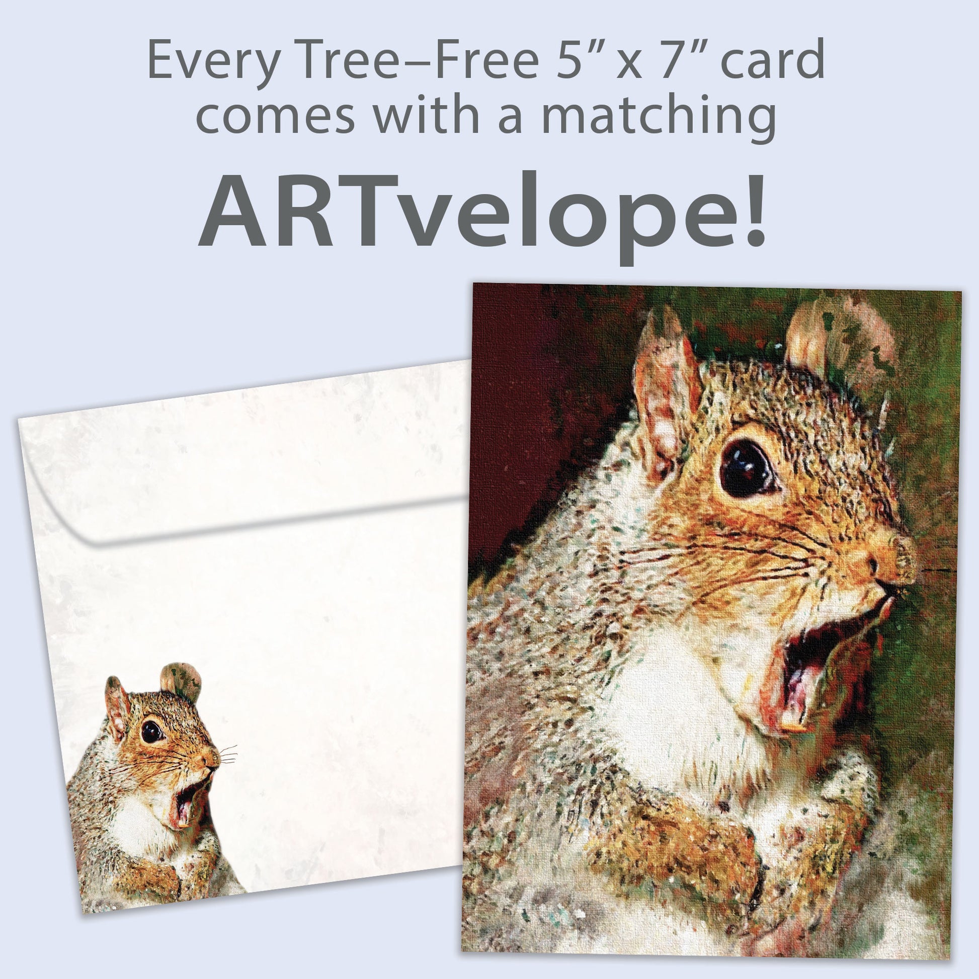 Front view of a Birthday greeting card featuring a very surprised squirrel, with matching envelope artwork.