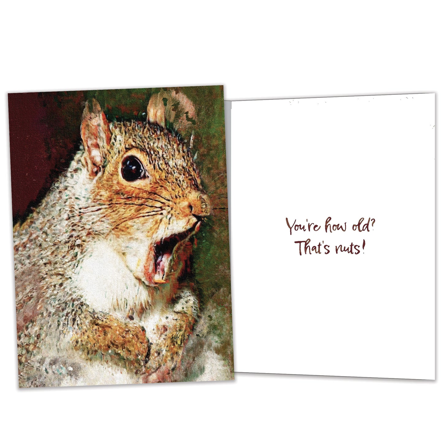 Front and inside view of a Birthday greeting card featuring a very surprised squirrel, with matching design details inside.