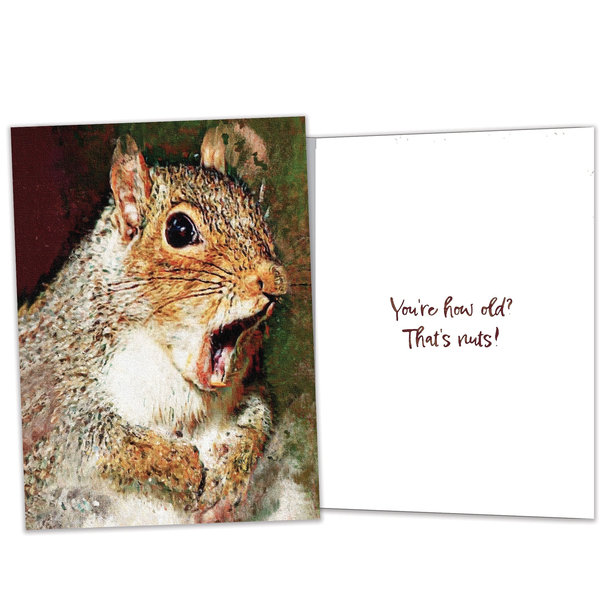 Front and inside view of a Birthday greeting card featuring a very surprised squirrel, with matching design details inside.