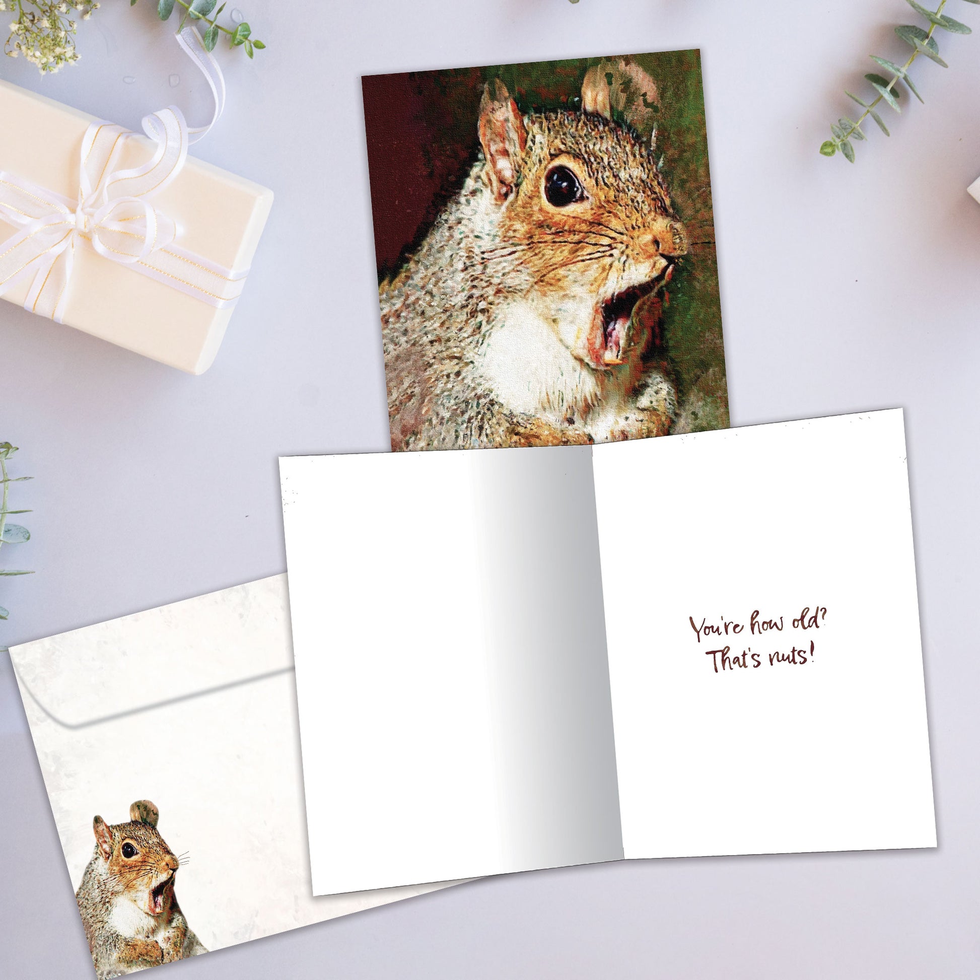 Front and inside view of a Birthday greeting card showcasing a very surprised squirrel, with a matching envelope.