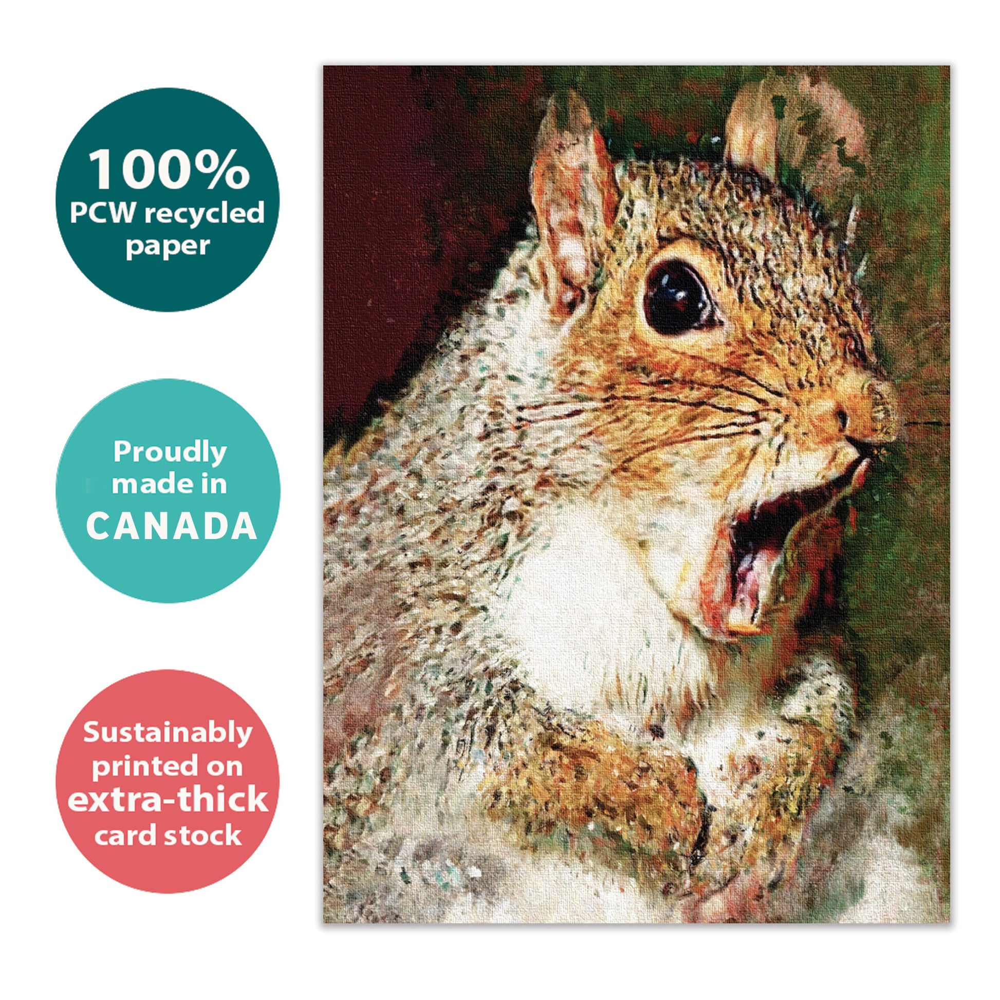 Front view of a Birthday greeting card with a very surprised squirrel, highlighting its eco-friendly materials and made in Canada.