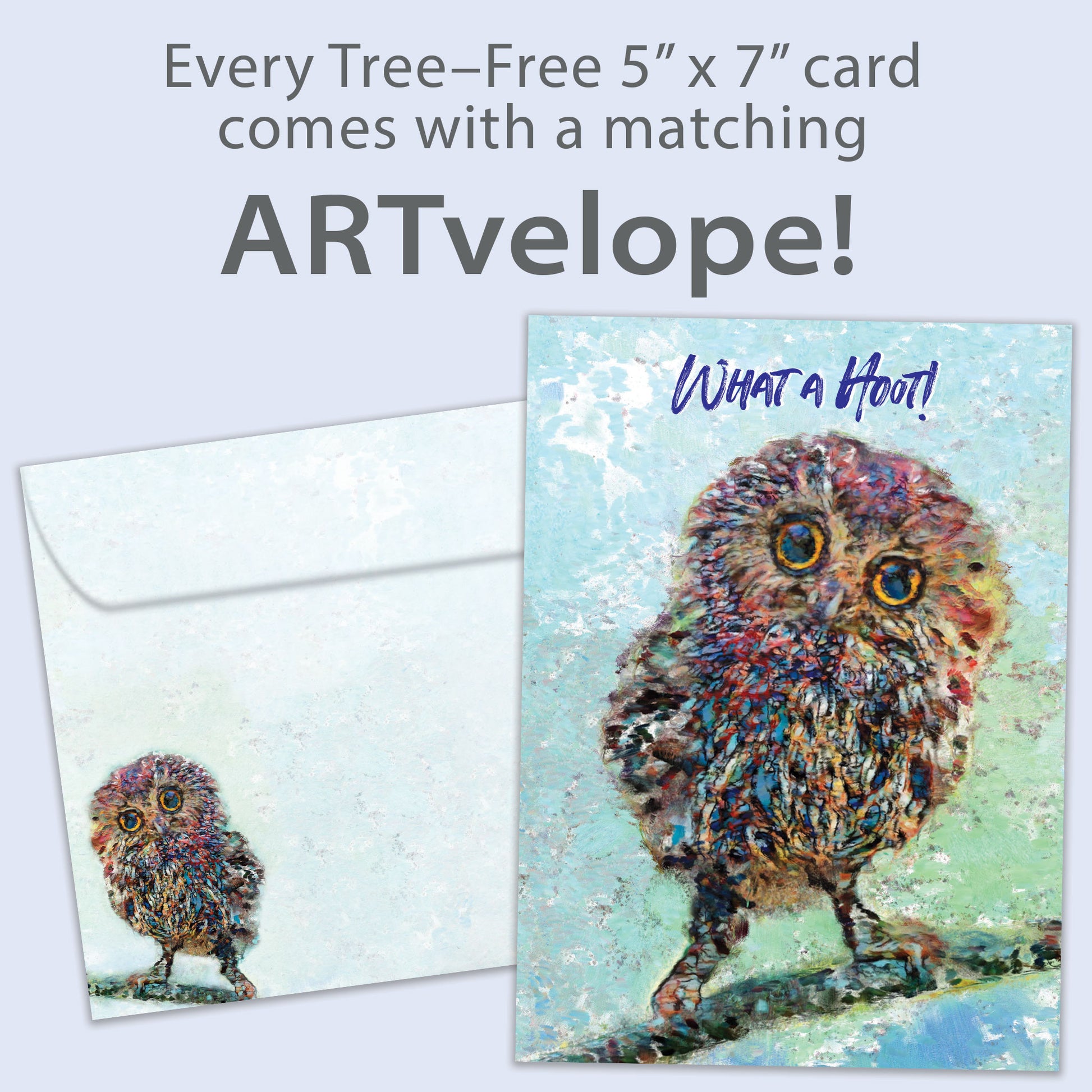 Front view of a Birthday greeting card featuring a colorful illustration of an owl with the message "what a hoot!", with matching envelope artwork.