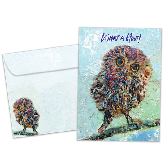 Front view of a Birthday greeting card featuring a colorful illustration of an owl with the message "what a hoot!", with a matching envelope.