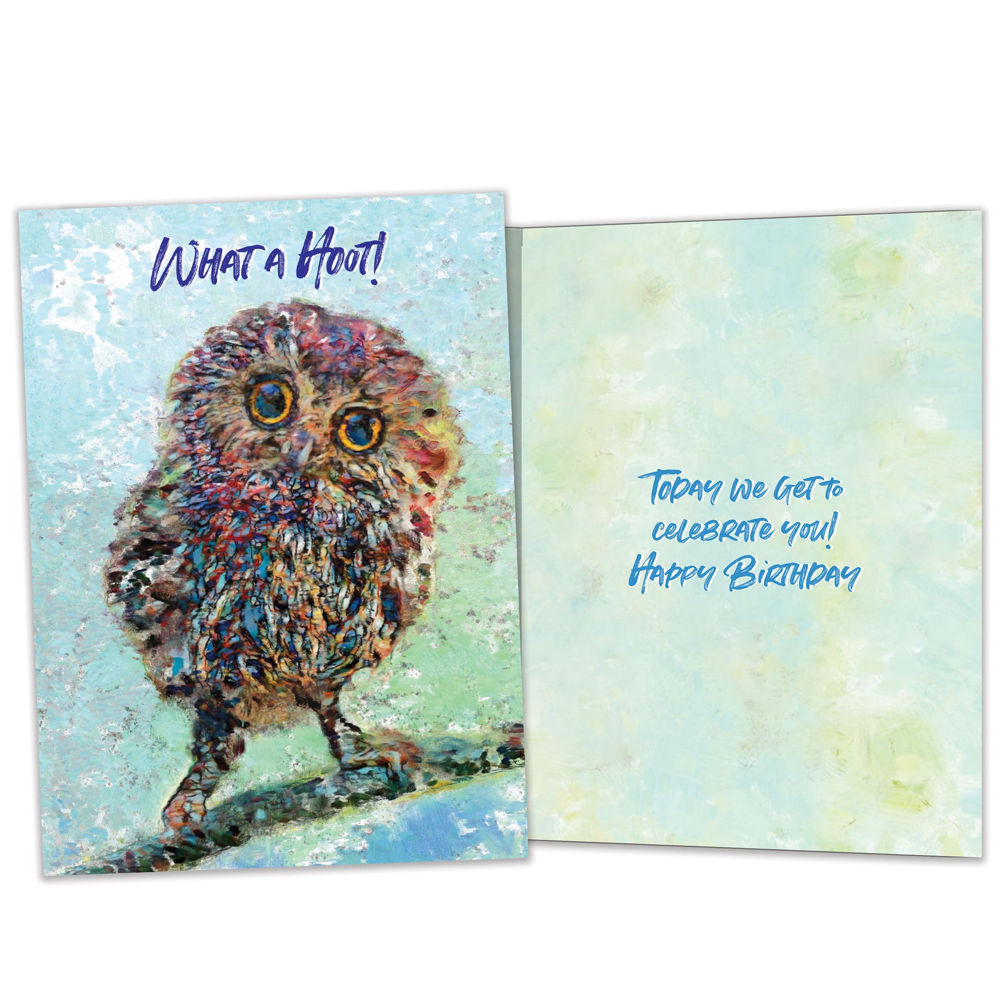 Front and inside view of a Birthday greeting card featuring a colorful illustration of an owl with the message "what a hoot!", with matching design details inside.
