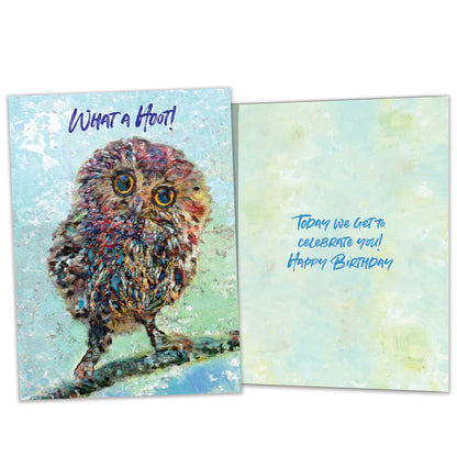 Front and inside view of a Birthday greeting card featuring a colorful illustration of an owl with the message "what a hoot!", with matching design details inside.