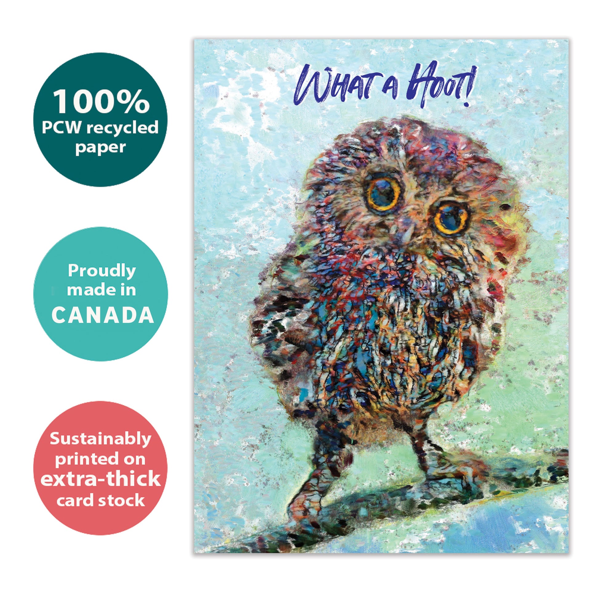 Front view of a Birthday greeting card with a colorful illustration of an owl and the message "what a hoot!", highlighting its eco-friendly materials and made in Canada.