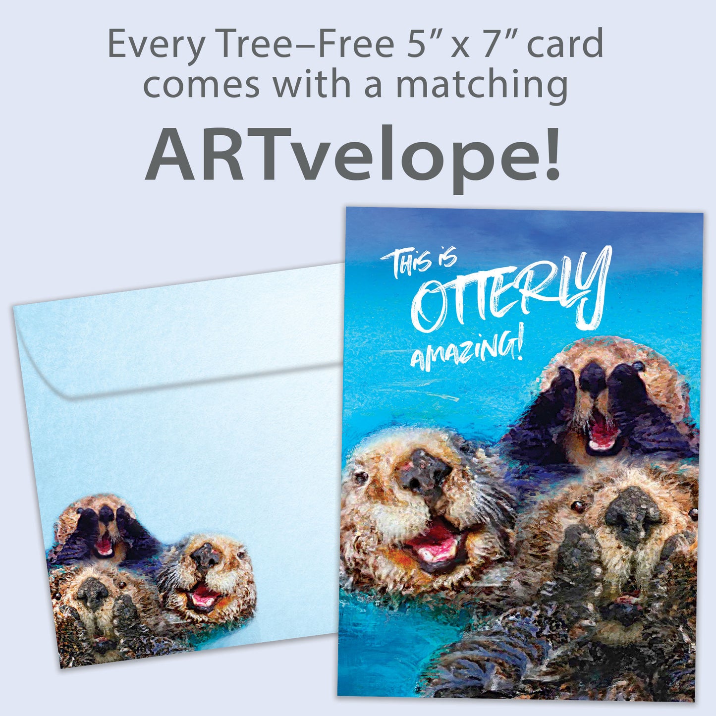 Front view of a Birthday greeting card featuring otters with the message "this is otterly amazing!", with matching envelope artwork.