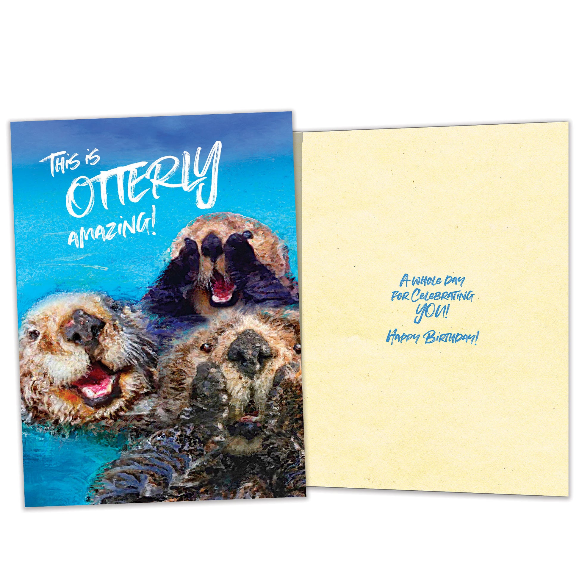 Front and inside view of a Birthday greeting card featuring otters with the message "this is otterly amazing!", with matching design details inside.