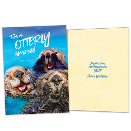 Front and inside view of a Birthday greeting card featuring otters with the message "this is otterly amazing!", with matching design details inside.