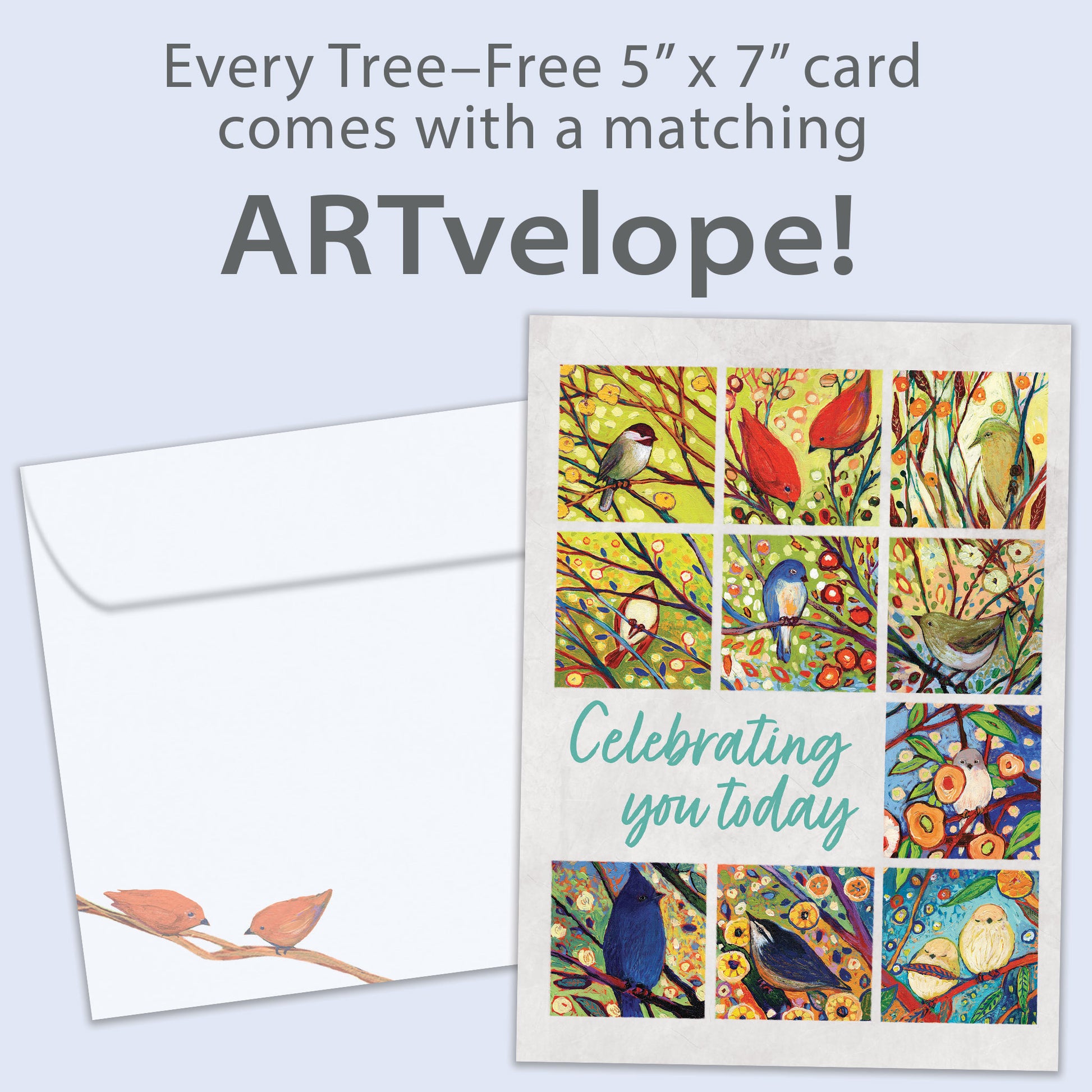 Front view of a Birthday greeting card featuring colorful birds and flowers with a celebration message, with matching envelope artwork.