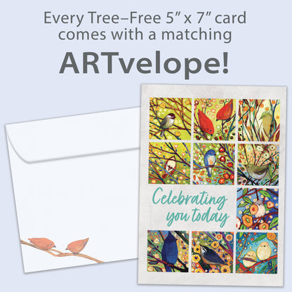 Front view of a Birthday greeting card featuring colorful birds and flowers with a celebration message, with matching envelope artwork.