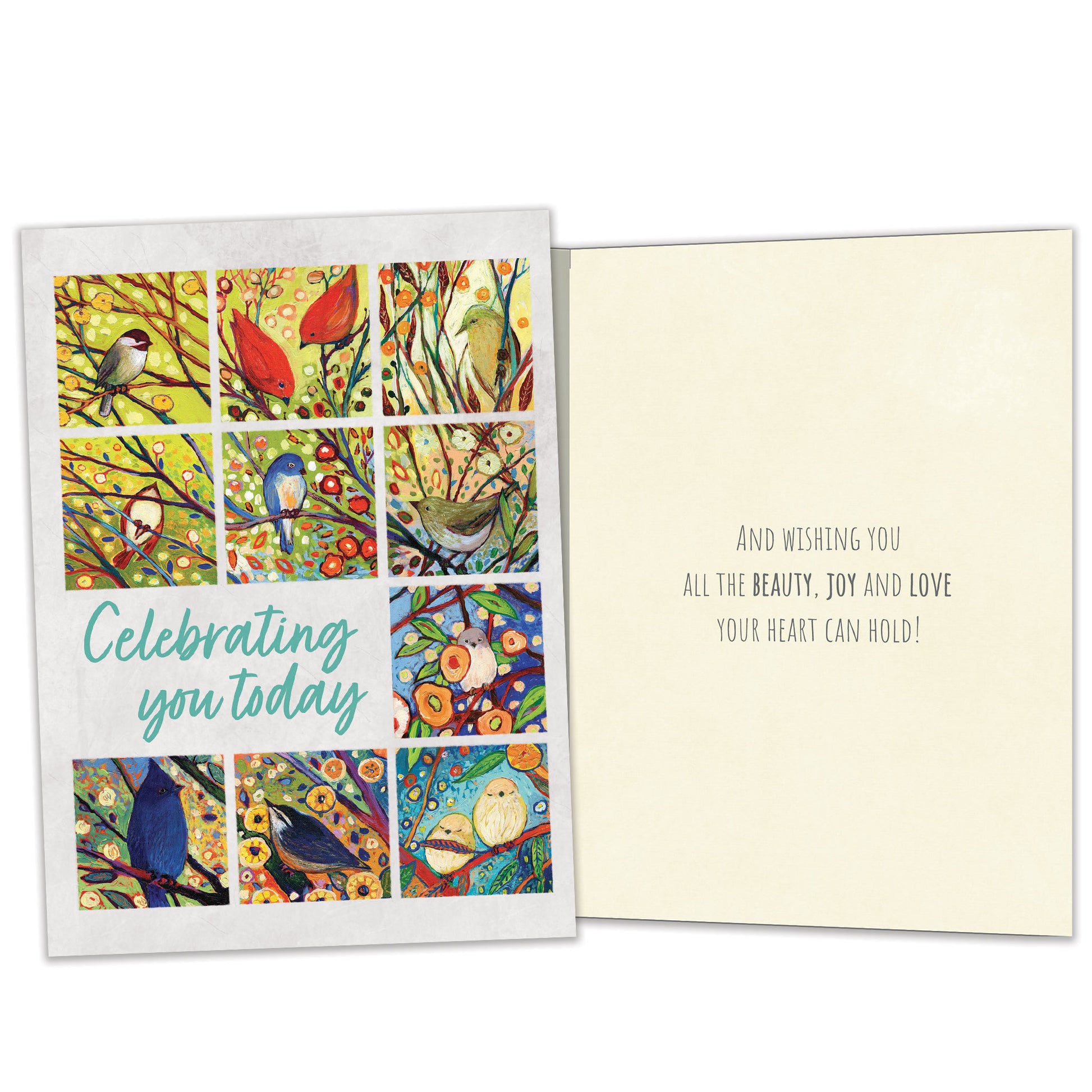 Front and inside view of a Birthday greeting card featuring colorful birds and flowers with a celebration message, with matching design details inside.