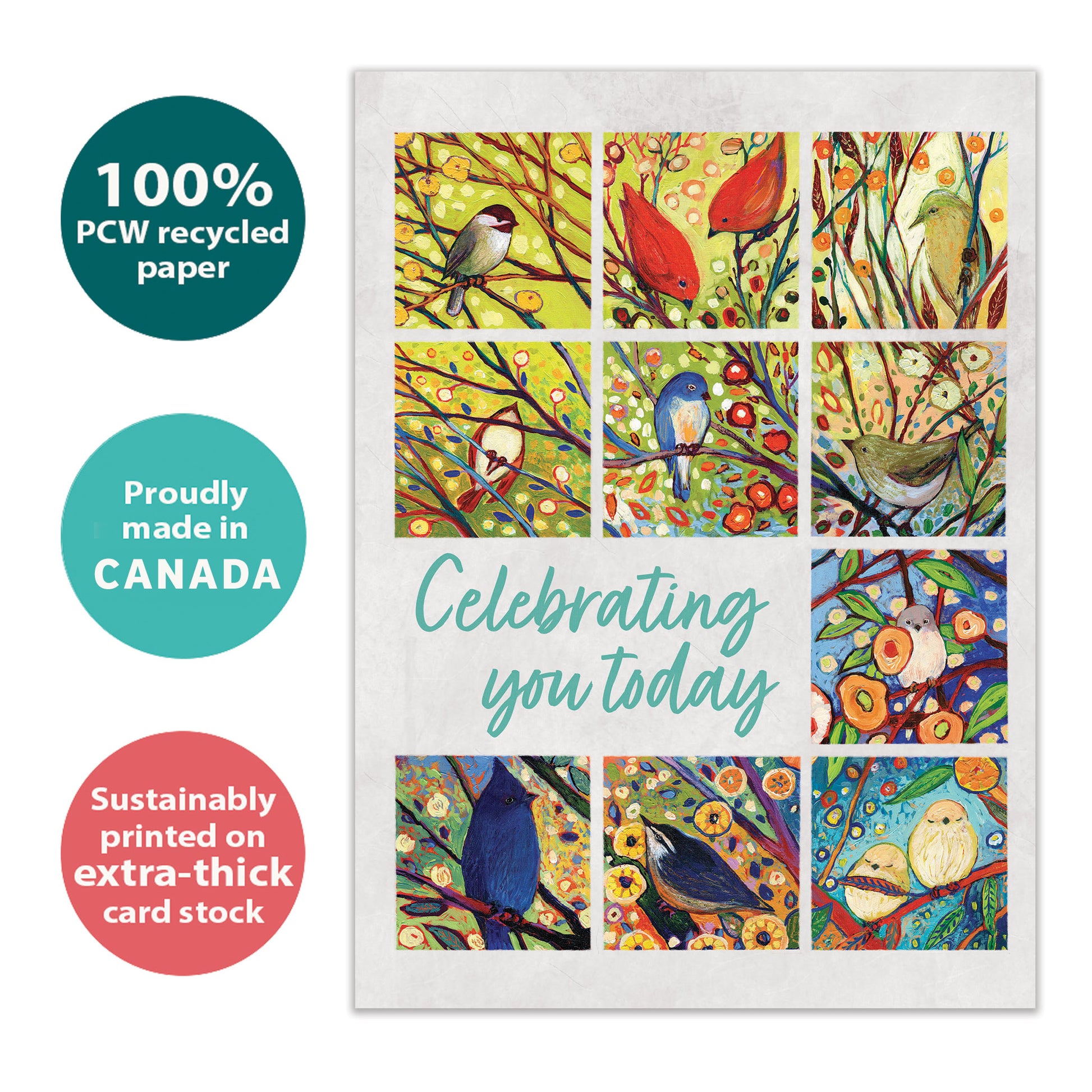 Front view of a Birthday greeting card with colorful birds and flowers and a celebration message, highlighting its eco-friendly materials and made in Canada.