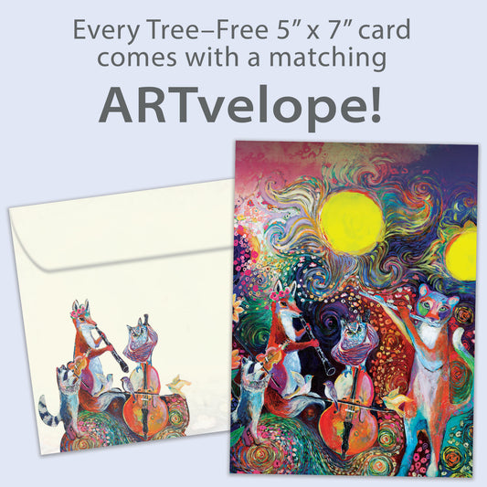 Front view of a Birthday greeting card featuring a vibrant illustration of musical animals, with a matching envelope.