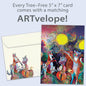 Front view of a Birthday greeting card featuring a vibrant illustration of musical animals, with a matching envelope.