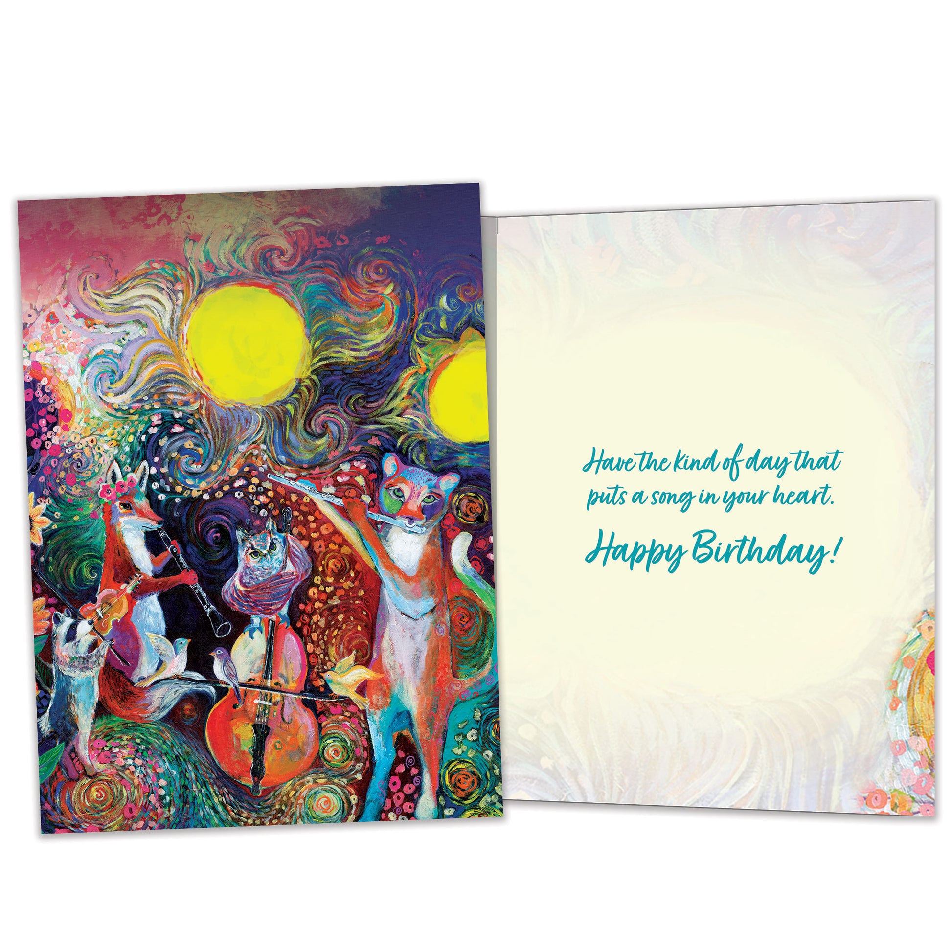 Front view of a Birthday greeting card featuring a vibrant illustration of musical animals, with matching envelope artwork.