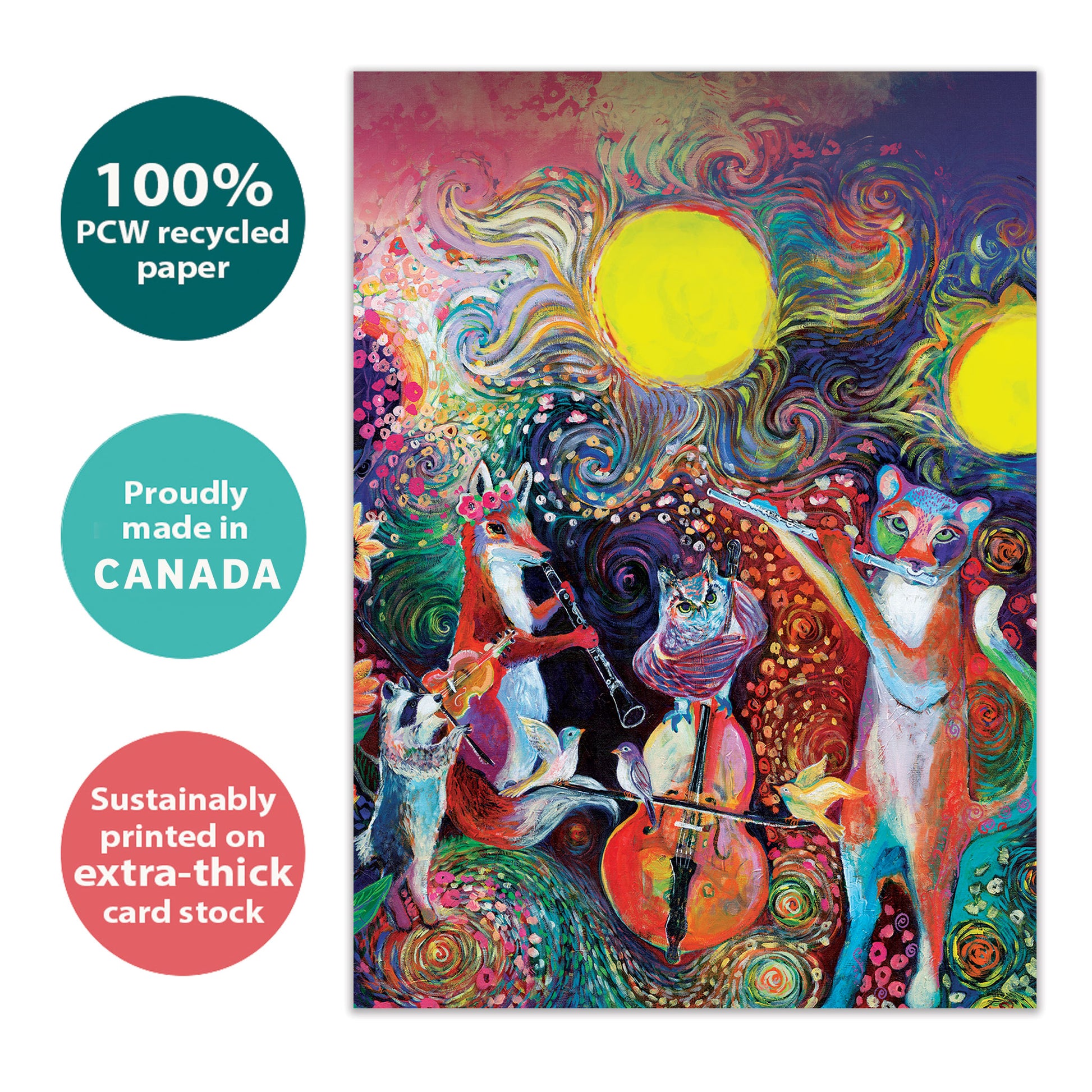 Front and inside view of a Birthday greeting card featuring a vibrant illustration of musical animals, with matching design details inside.