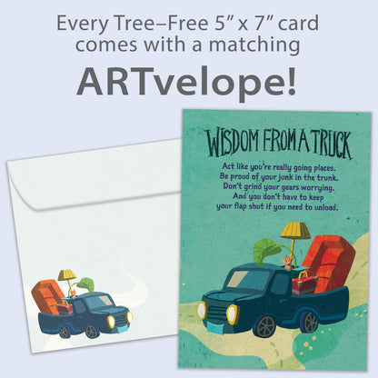 Front view of a Birthday greeting card featuring a truck with words of wisdom from a truck, with matching envelope artwork.