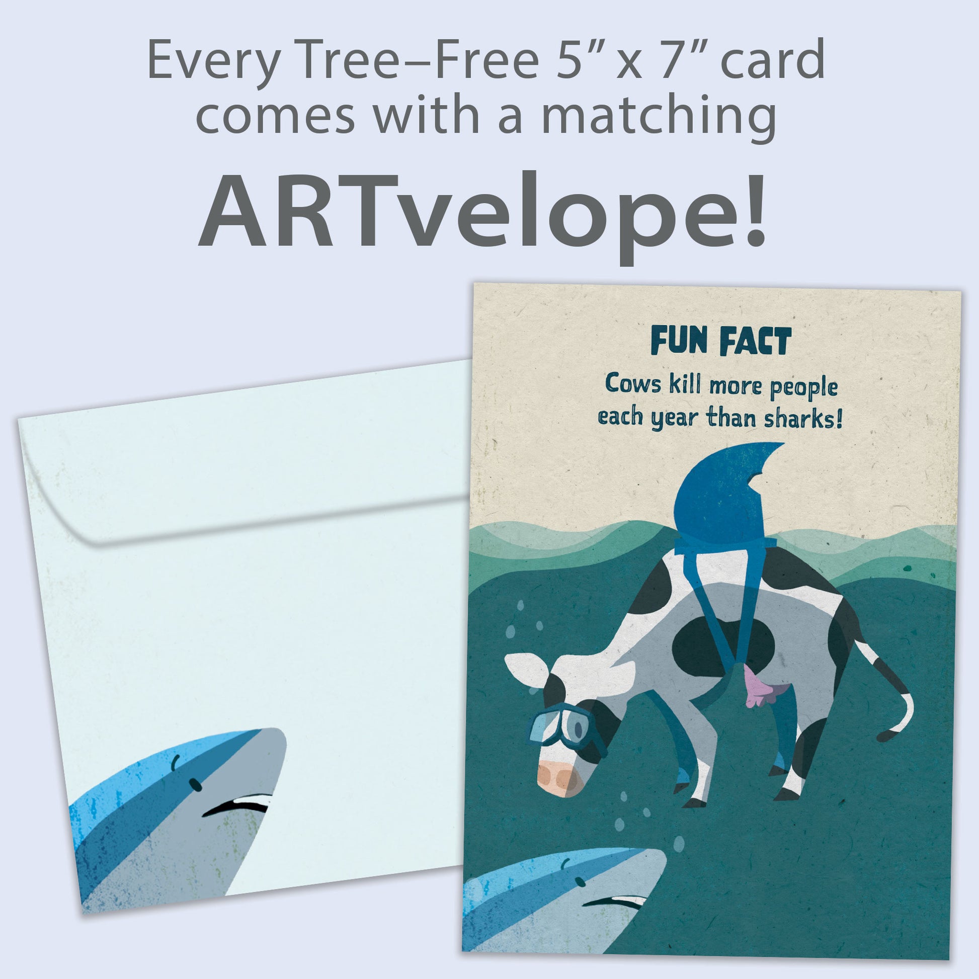 Front view of a Birthday greeting card featuring a cow with a shark’s fin and a fun fact about cows and sharks, with matching envelope artwork.