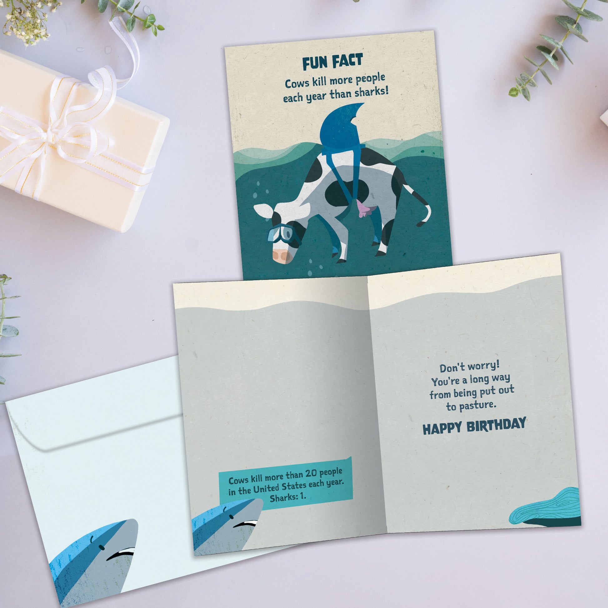 Front and inside view of a Birthday greeting card showcasing a cow with a shark’s fin and a fun fact about cows and sharks, with a matching envelope.