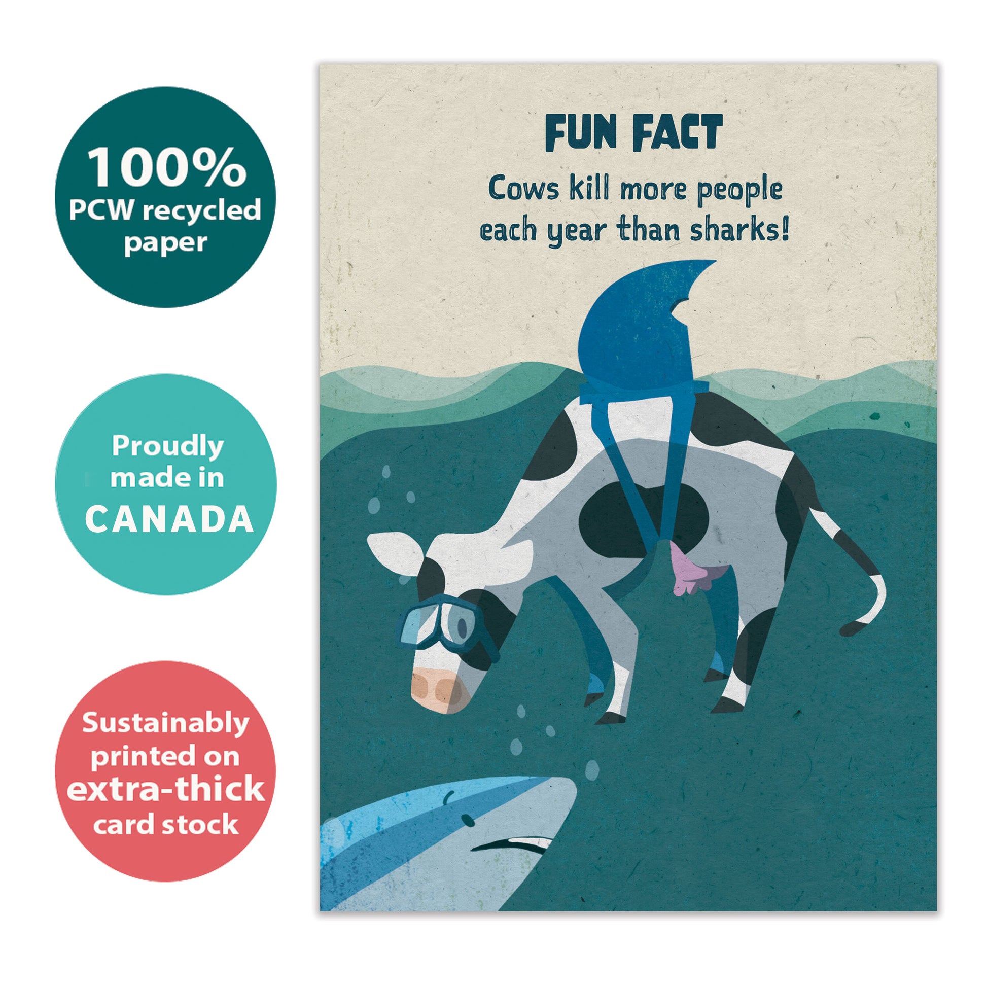 Front view of a Birthday greeting card with a cow with a shark’s fin and a fun fact about cows and sharks, highlighting its eco-friendly materials and made in Canada.