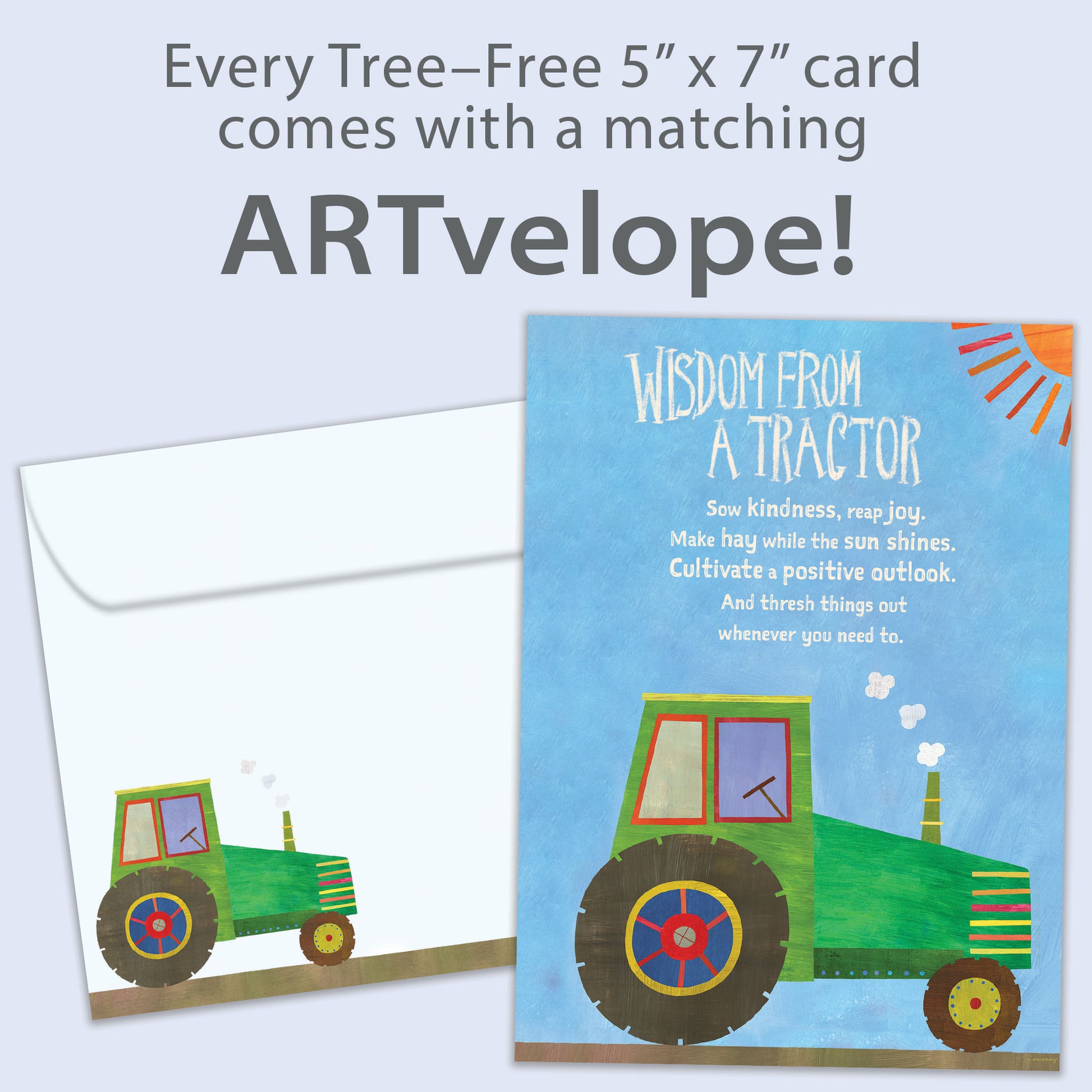 Front view of a Birthday greeting card featuring a tractor with words of wisdom, with matching envelope artwork.