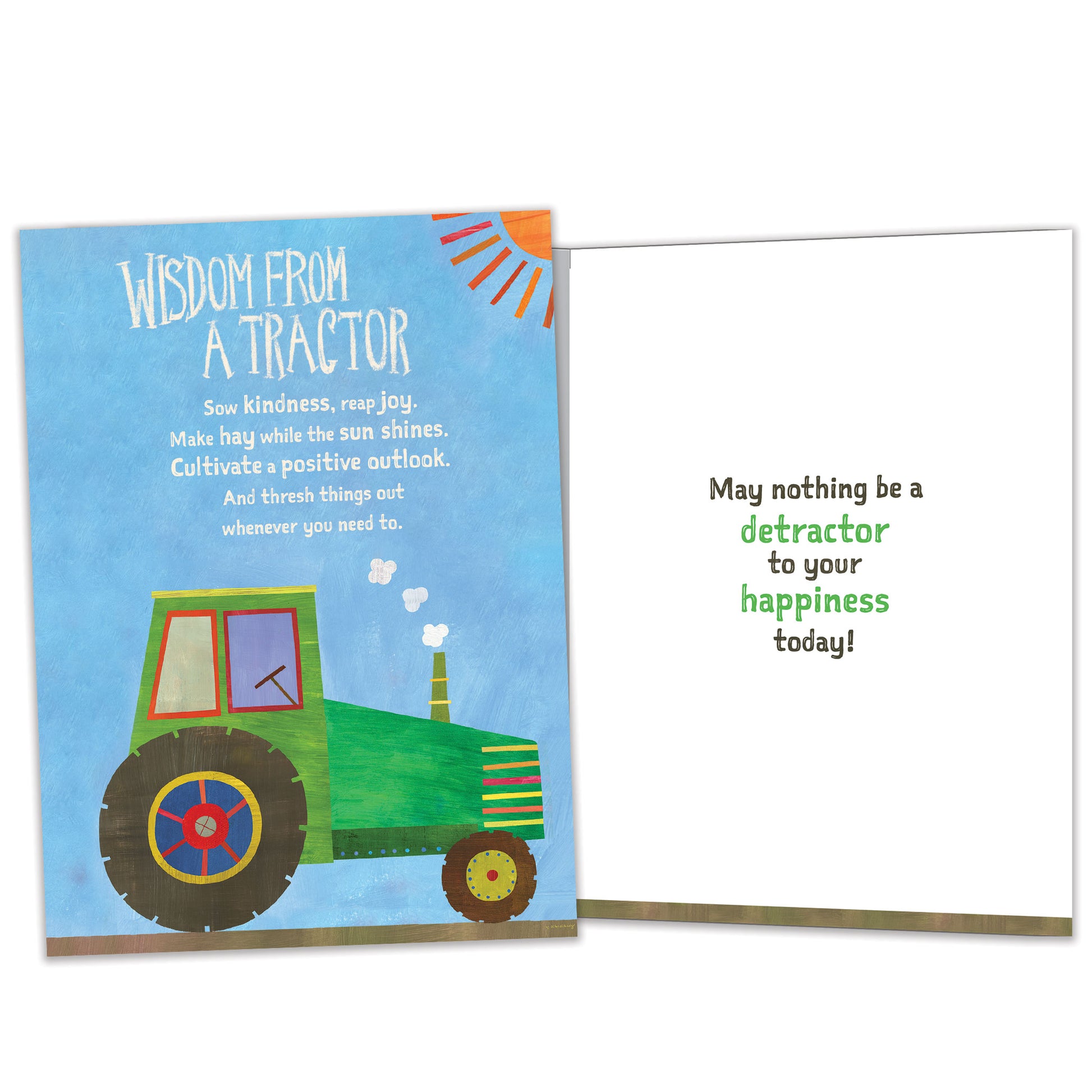 Front and inside view of a Birthday greeting card featuring a tractor with words of wisdom, with matching design details inside.