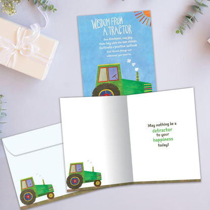 Front and inside view of a Birthday greeting card showcasing a tractor with words of wisdom, with a matching envelope.