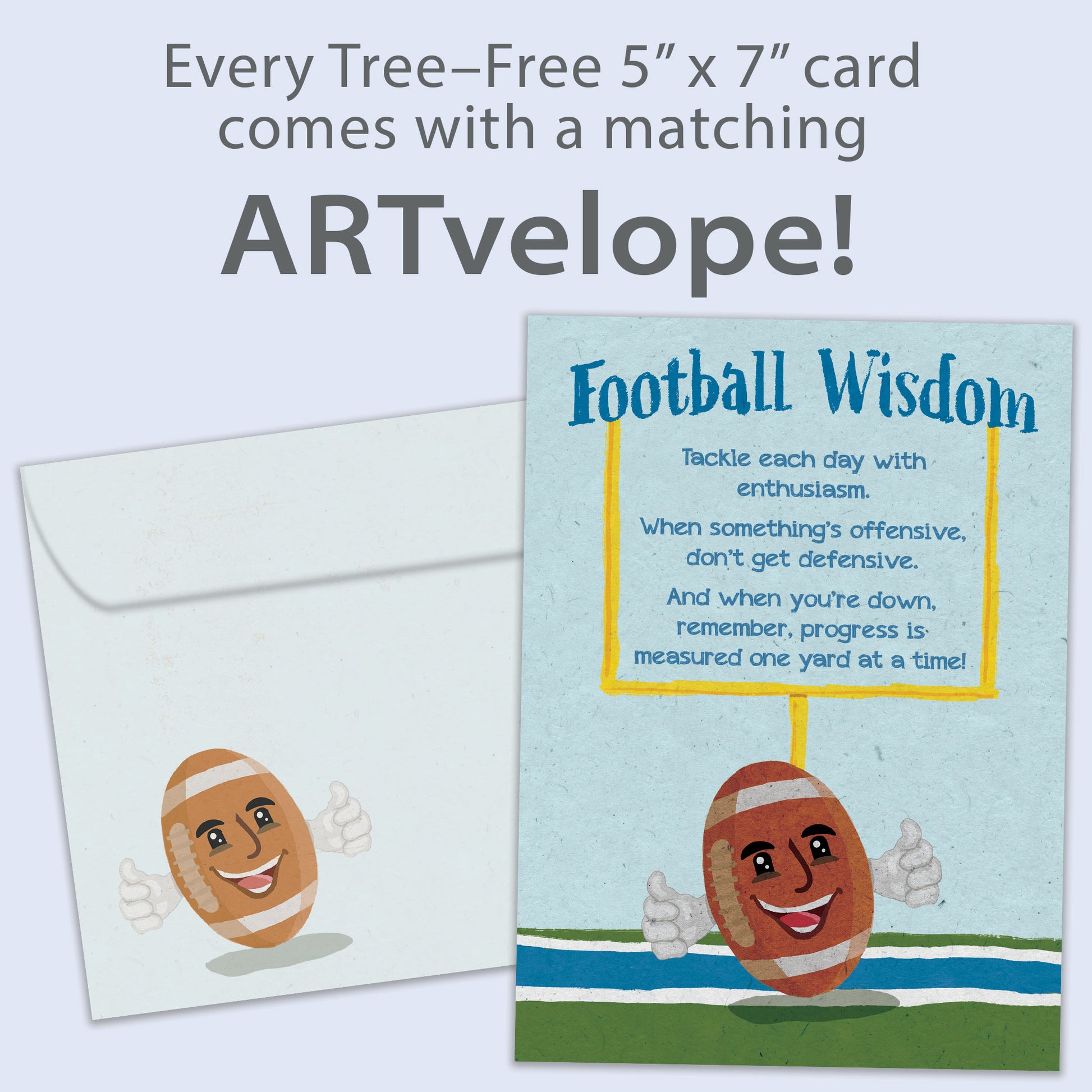 Front view of a Birthday greeting card featuring a smiling football with words of football wisdom, with matching envelope artwork.