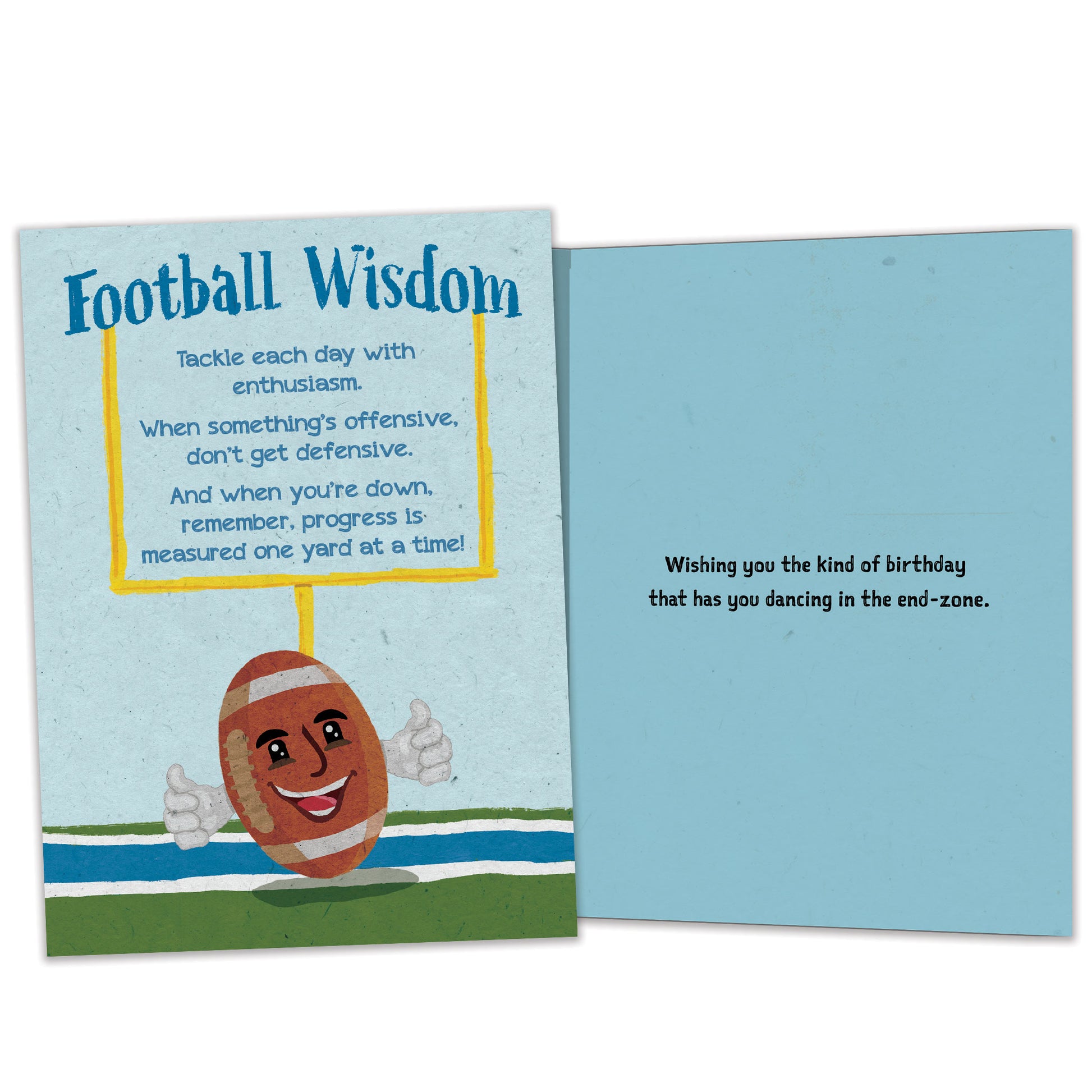 Front and inside view of a Birthday greeting card featuring a smiling football with words of football wisdom, with matching design details inside.